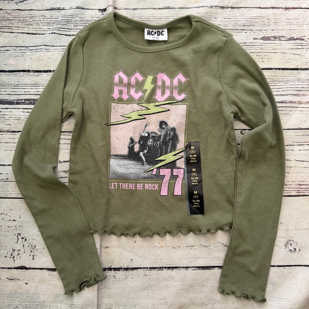 AC/DC Kids Long Sleeve Tee in Olive Green with Pink & Yellow Graphics